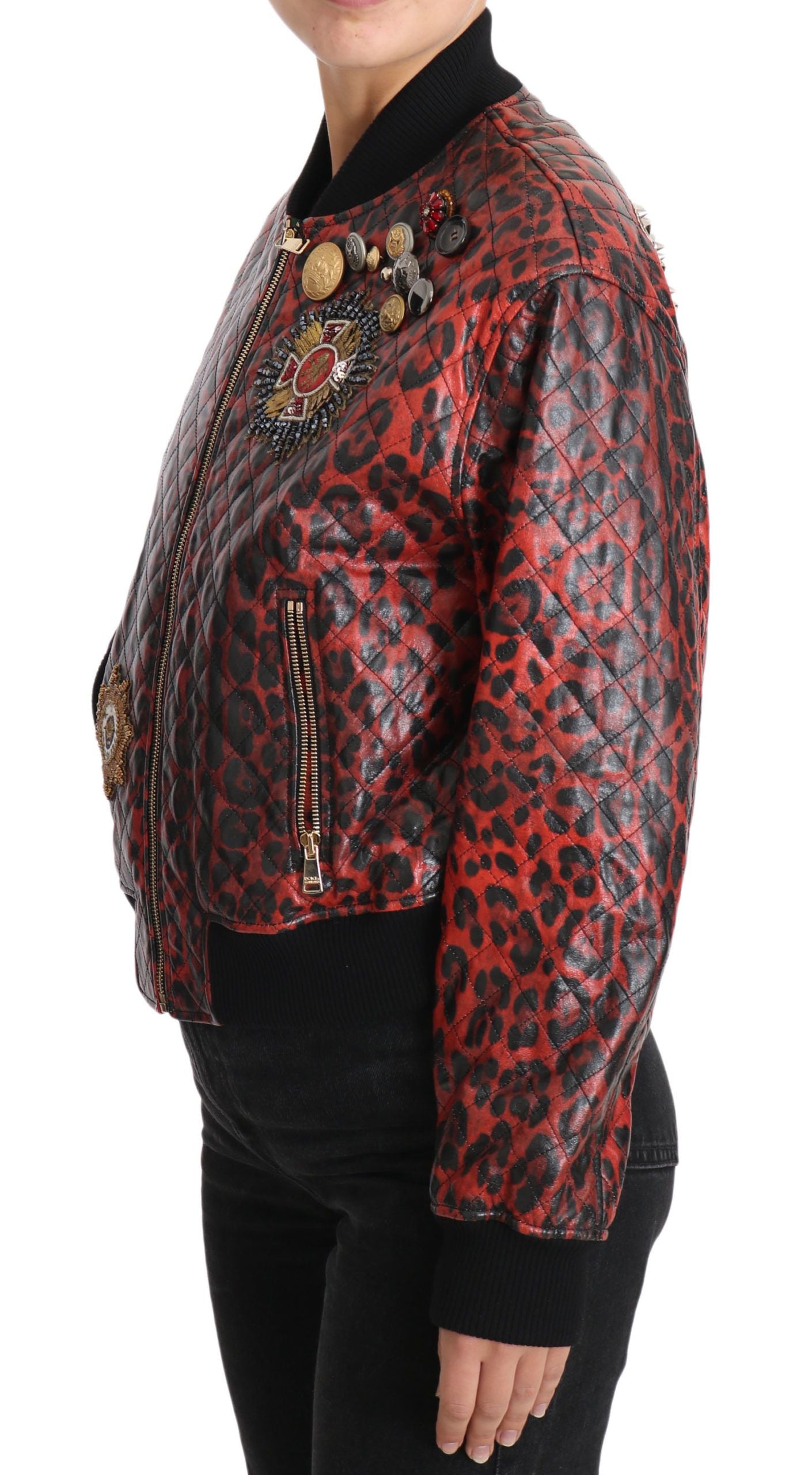 Dolce & Gabbana Rote Leoparden-Bomber-Lederjacke mit Kristallknöpfen