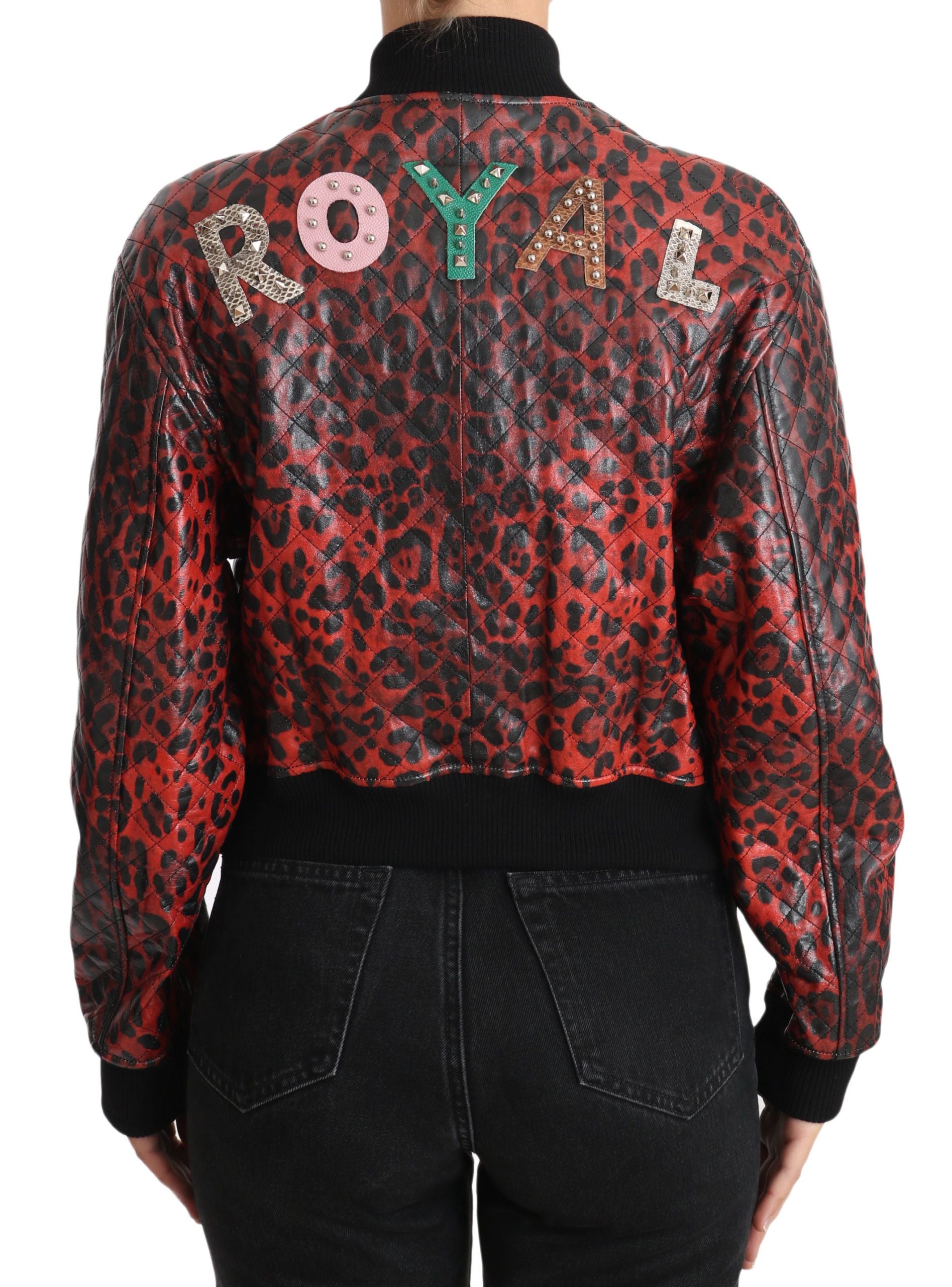 Dolce & Gabbana Rote Leoparden-Bomber-Lederjacke mit Kristallknöpfen