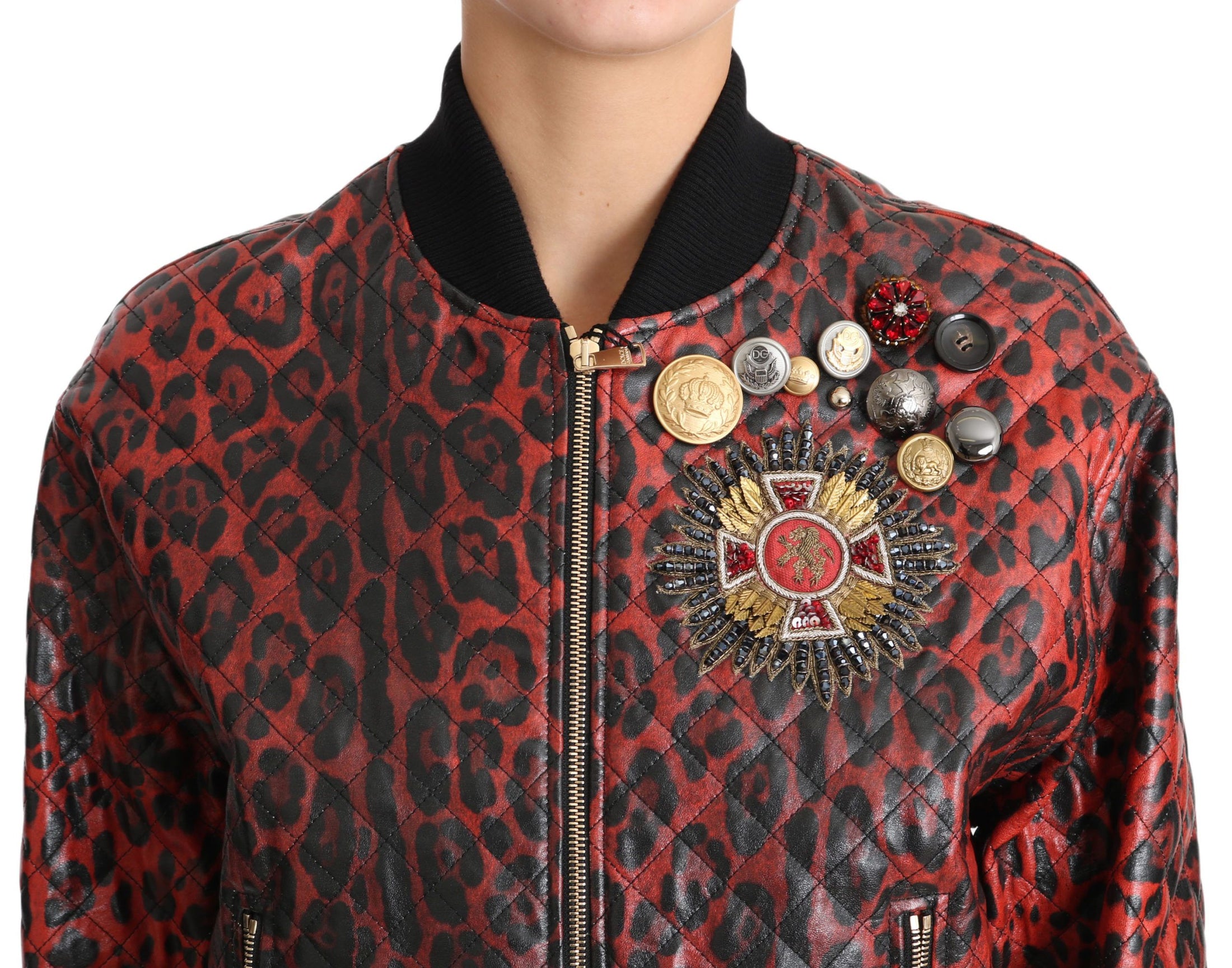 Dolce & Gabbana Rote Leoparden-Bomber-Lederjacke mit Kristallknöpfen