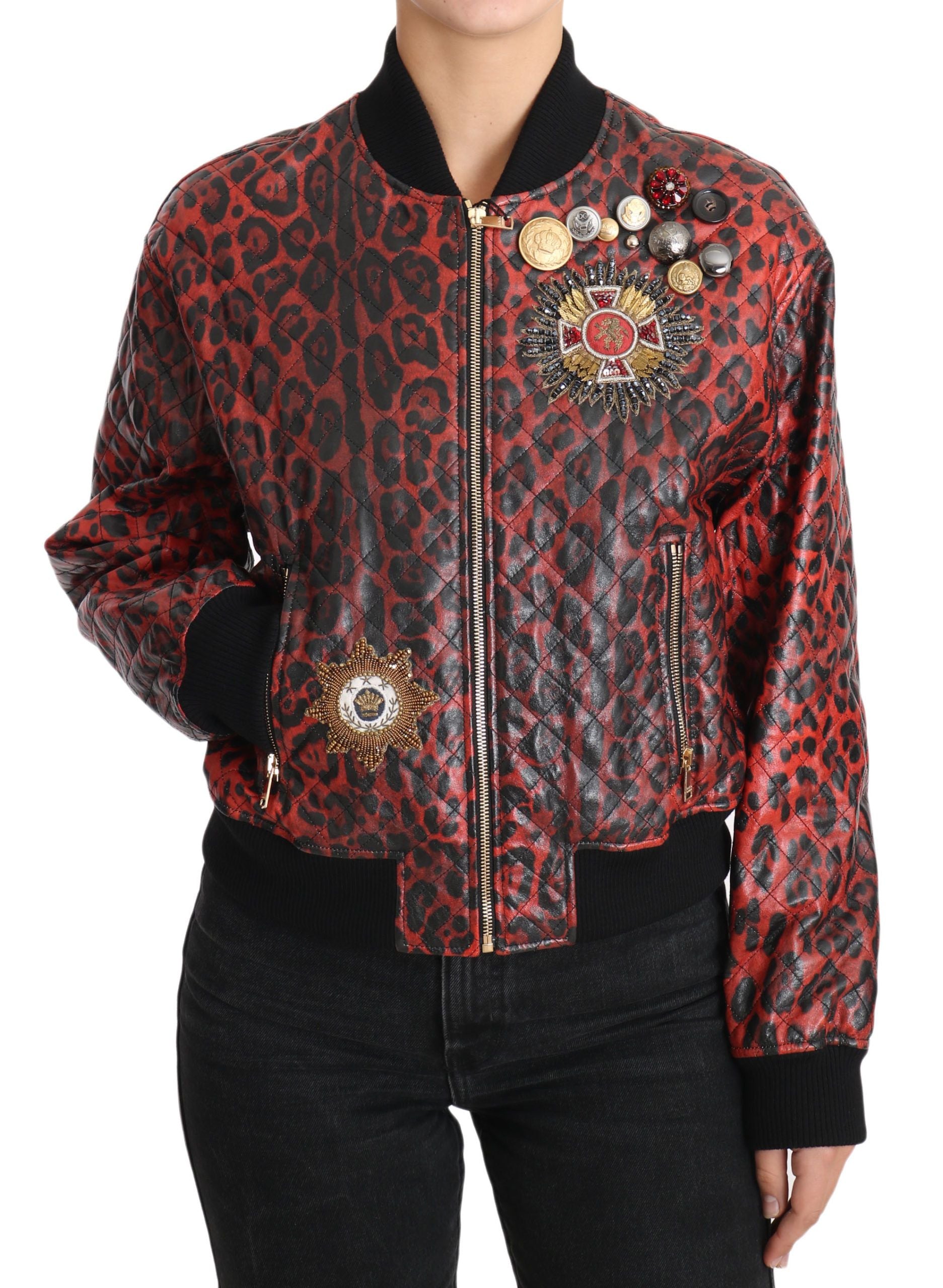 Dolce & Gabbana Rote Leoparden-Bomber-Lederjacke mit Kristallknöpfen