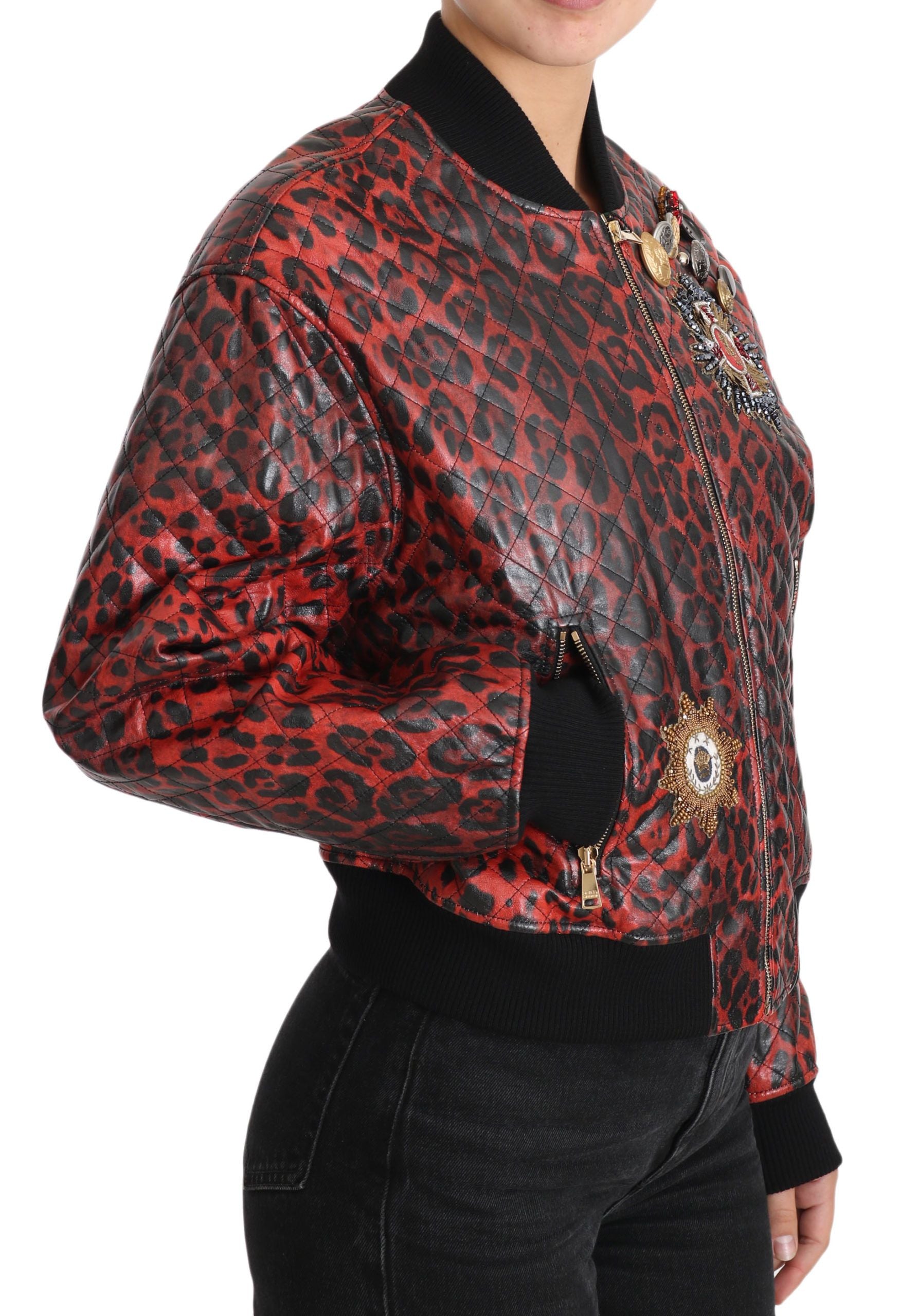 Dolce & Gabbana Rote Leoparden-Bomber-Lederjacke mit Kristallknöpfen