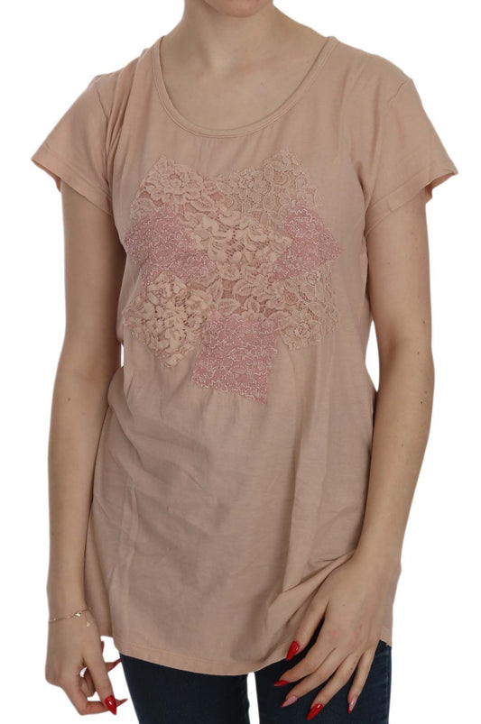 PINK MEMORIES Elegant blouse with a crew neck made of cream-colored lace