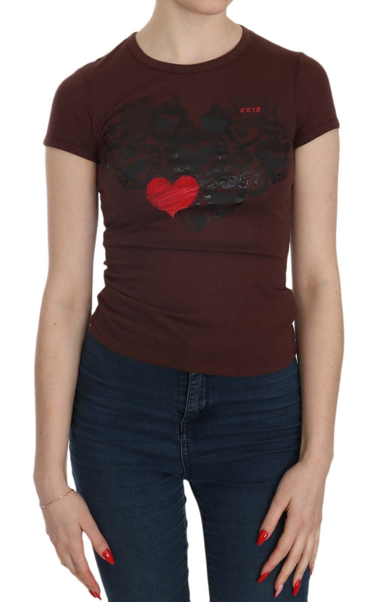 Exte Chic brown blouse with a round neck and hearts