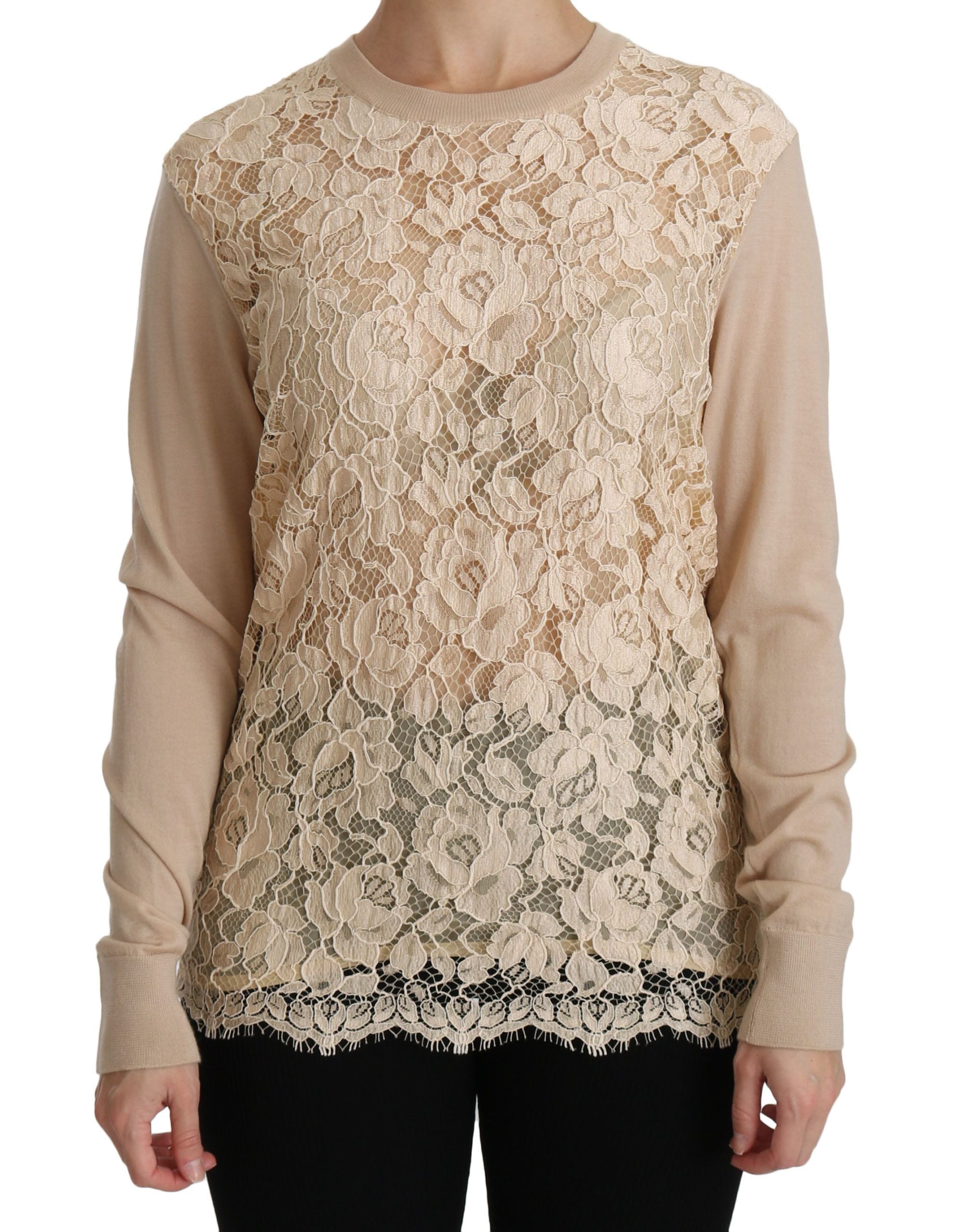 Dolce &amp; Gabbana Elegant beige cashmere blouse with a lace crew neck