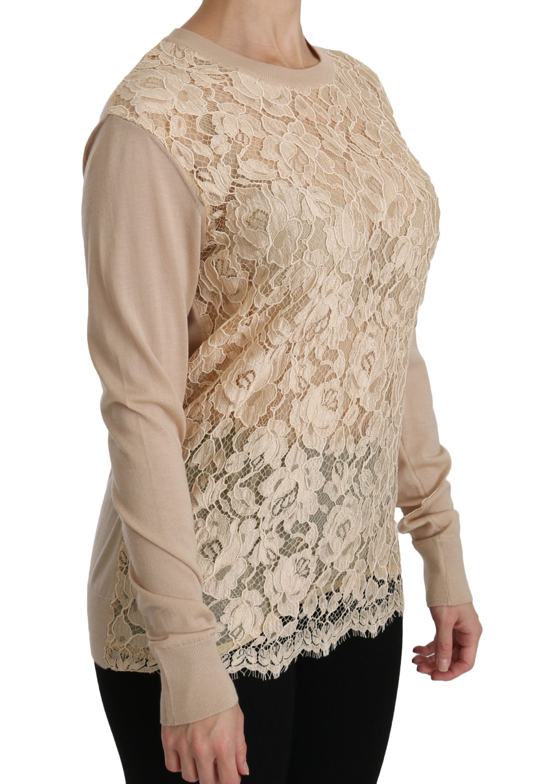 Dolce &amp; Gabbana Elegant beige cashmere blouse with a lace crew neck