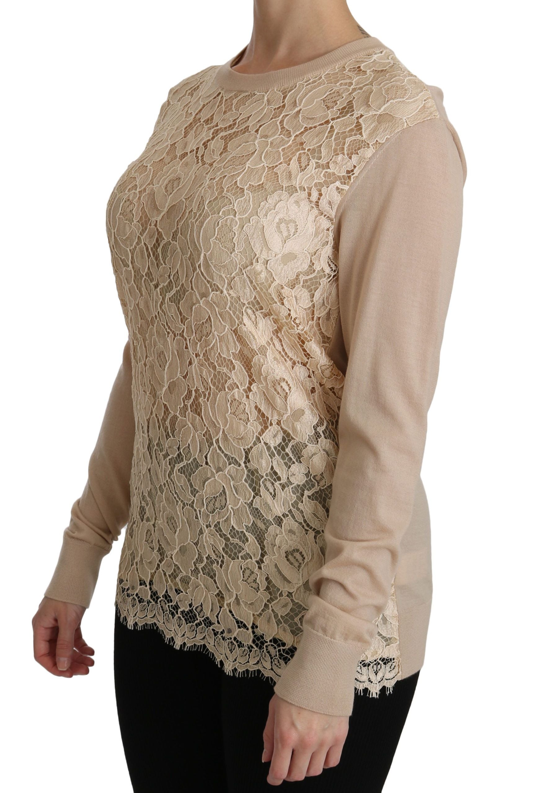 Dolce &amp; Gabbana Elegant beige cashmere blouse with a lace crew neck