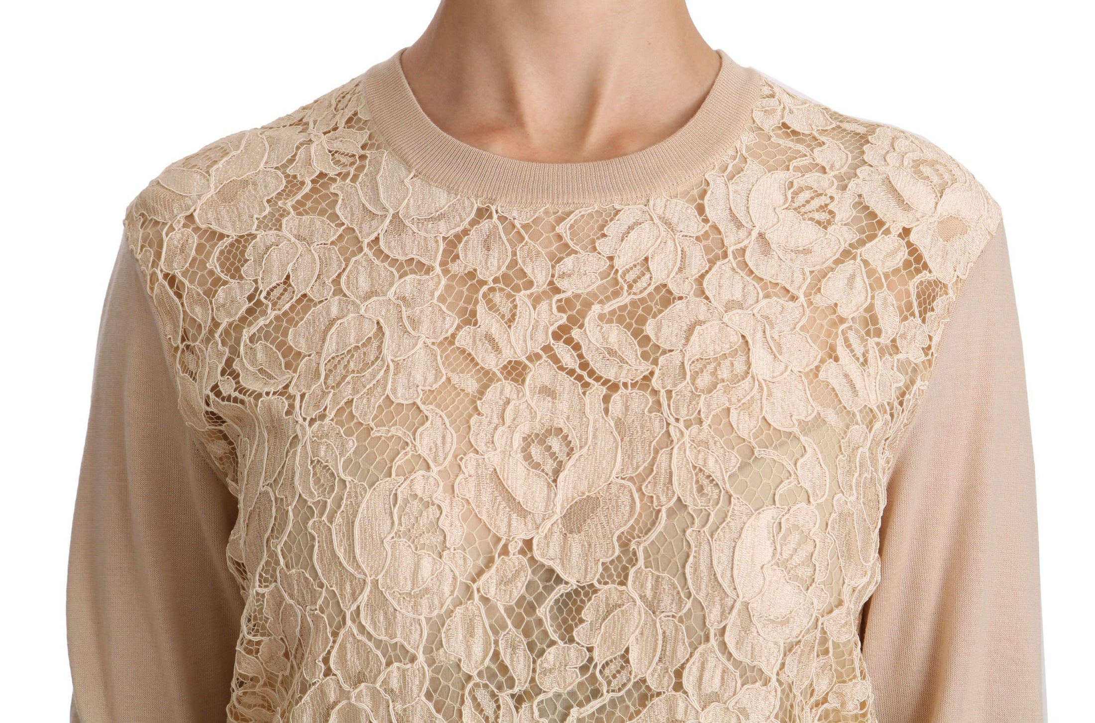 Dolce &amp; Gabbana Elegant beige cashmere blouse with a lace crew neck