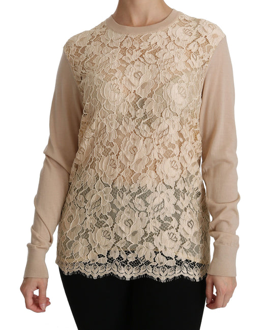 Dolce &amp; Gabbana Elegant beige cashmere blouse with a lace crew neck