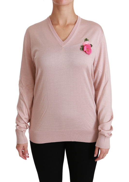 Dolce & Gabbana Rosa geblümter Seidenpullover mit V-Ausschnitt