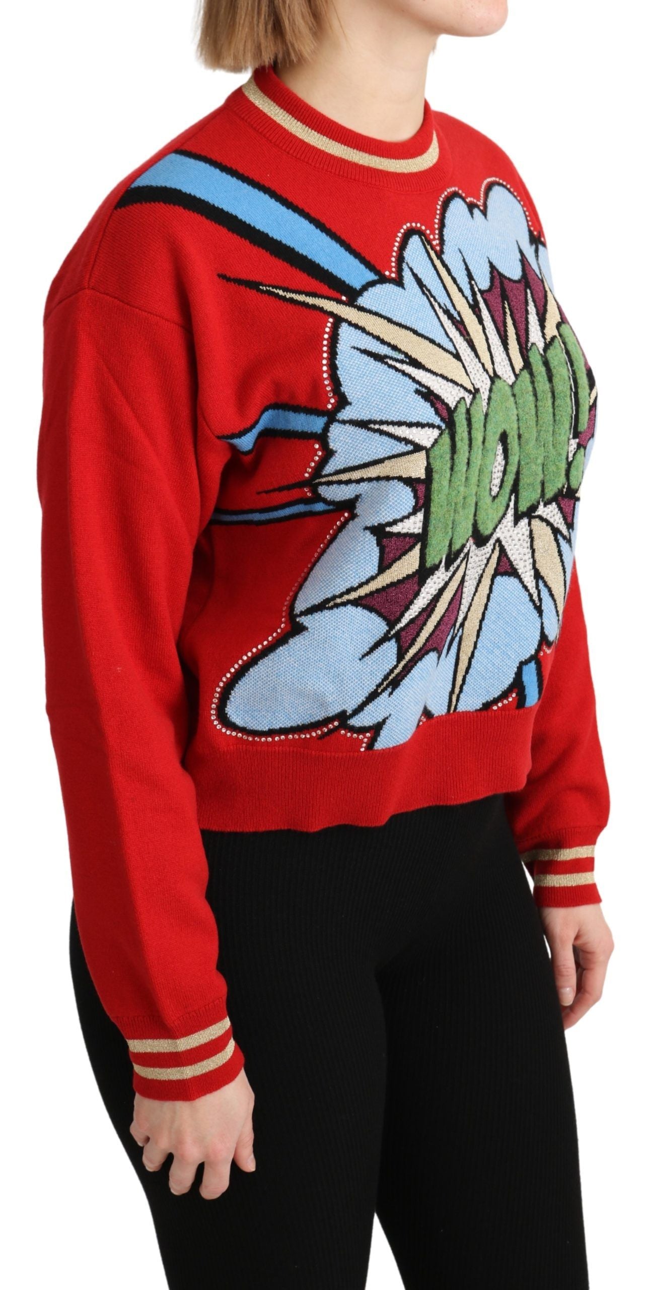 Dolce & Gabbana Strahlend roter Kaschmirpullover mit Cartoon-Motiven