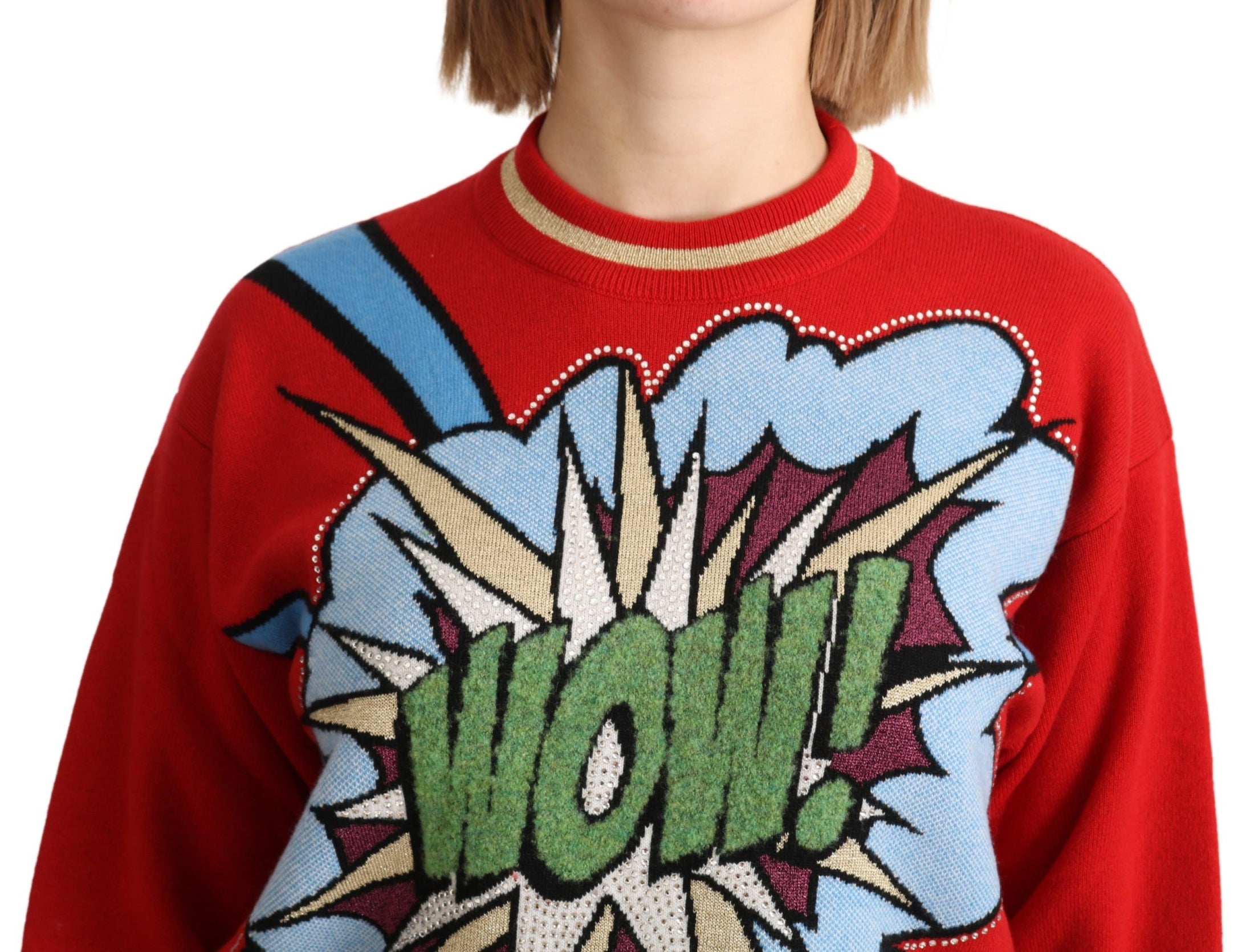 Dolce & Gabbana Strahlend roter Kaschmirpullover mit Cartoon-Motiven