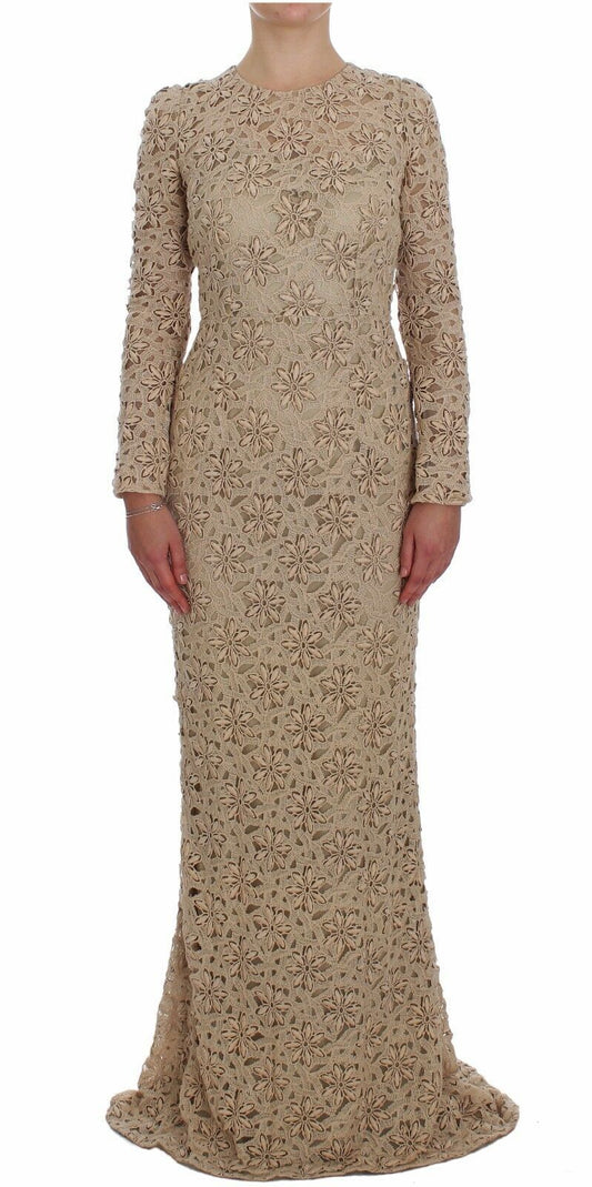 Dolce &amp; Gabbana Beige floral lace long sleeve maxi dress