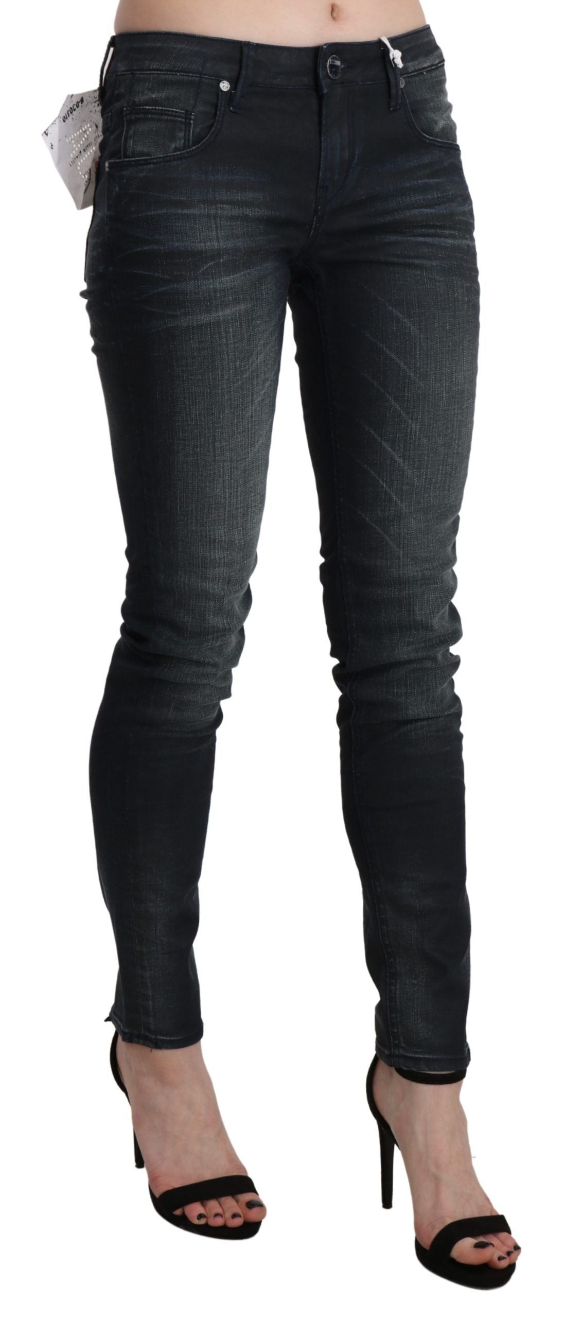 Acht Elegante Skinny-Jeans mit niedriger Taille in Schwarz