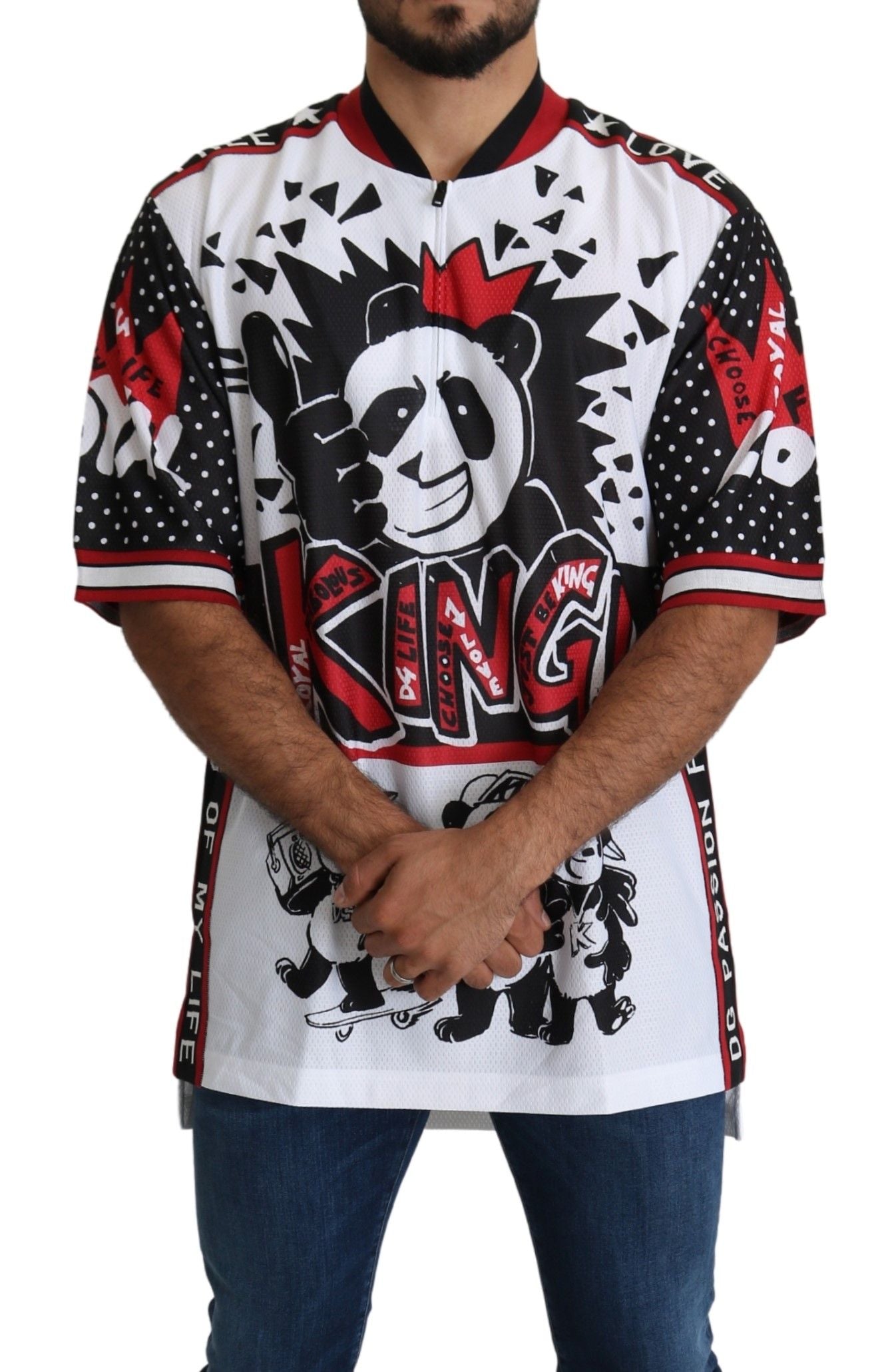 Dolce & Gabbana Schickes weißes King Panda Print Zipper Kragen Tee