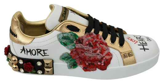 Dolce & Gabbana Elegante Leder-Sneakers mit Pailletten und Blumenmuster