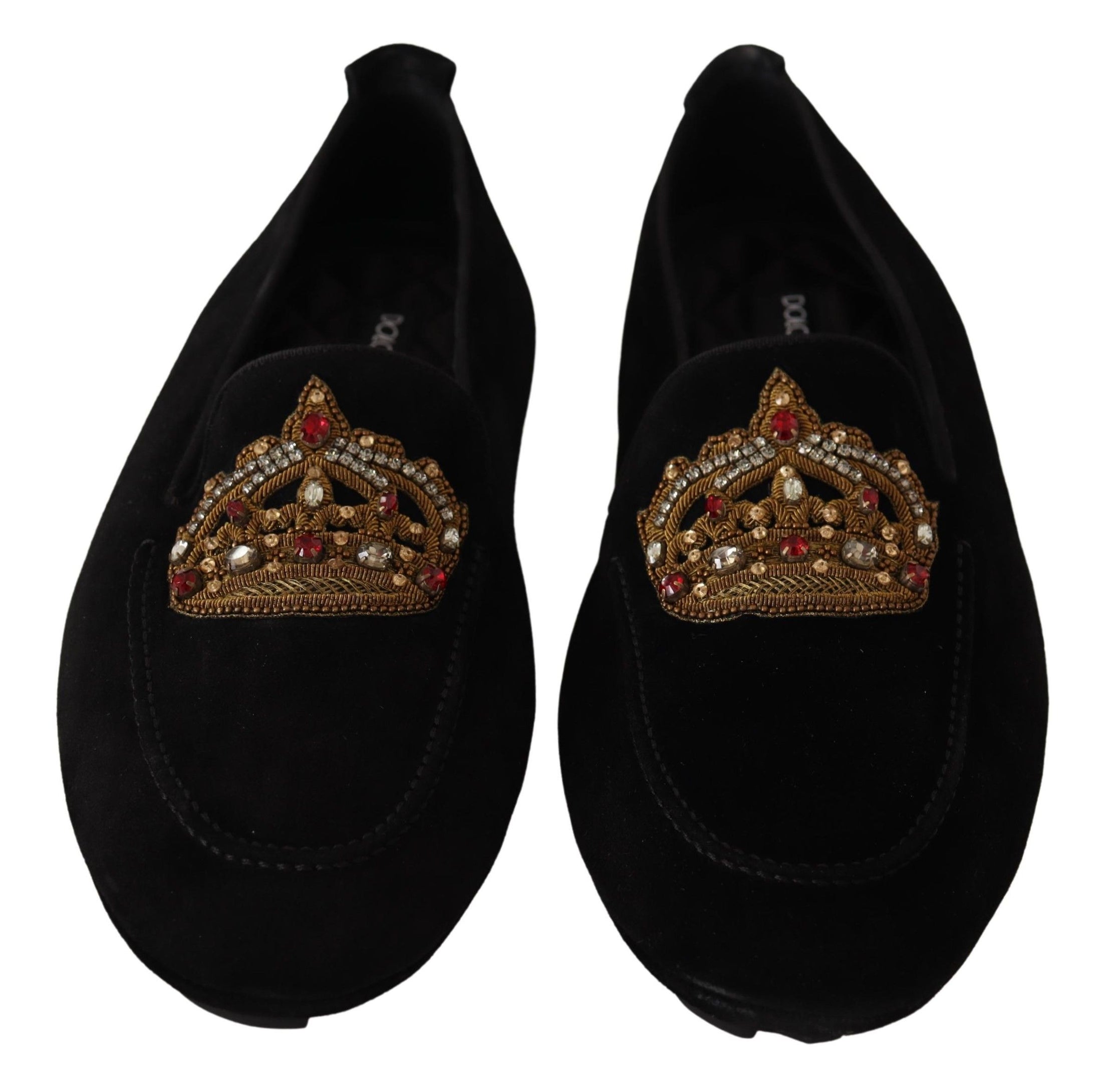 Dolce & Gabbana Elegante schwarze Leder-Slipper mit Goldstickerei