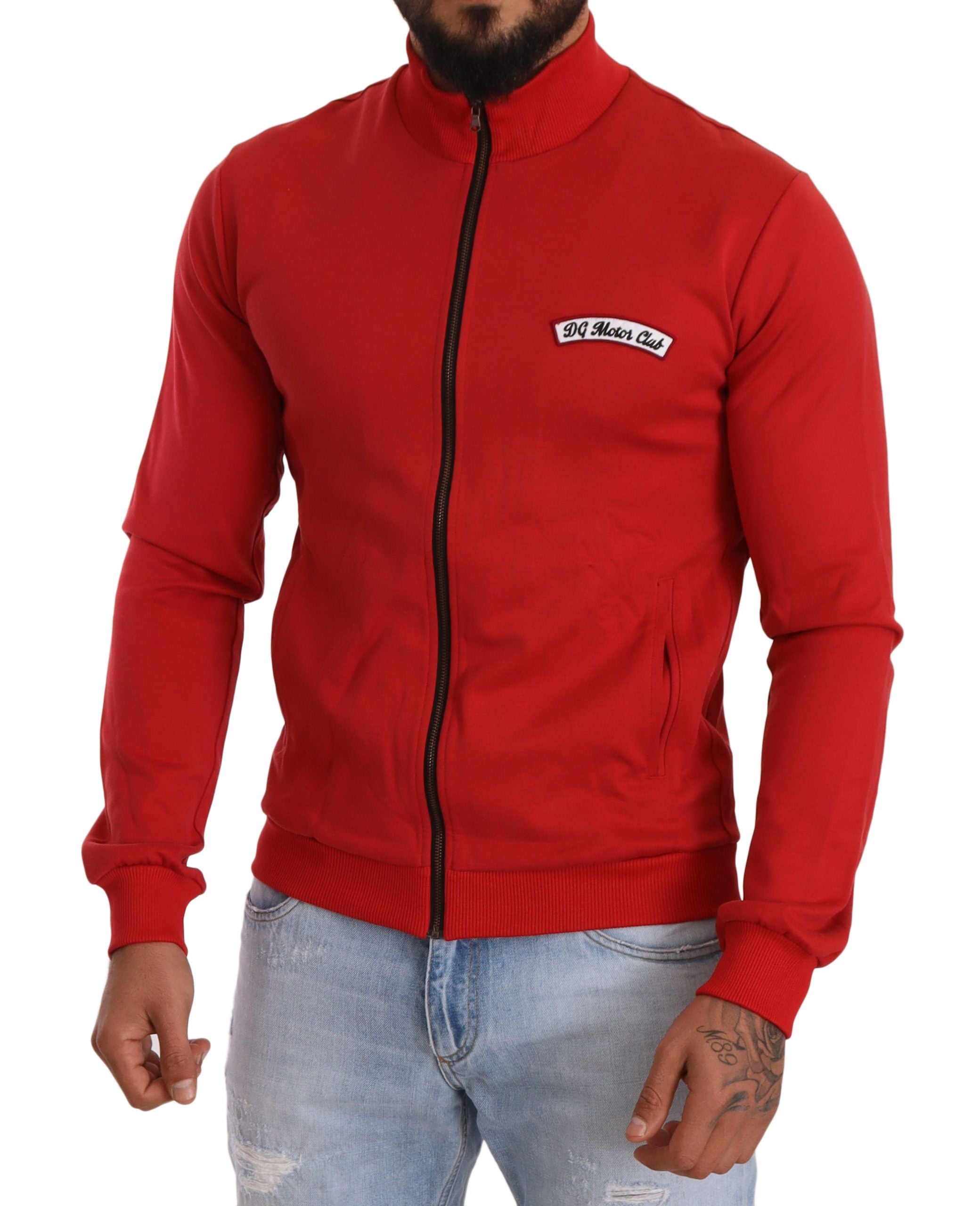 Dolce & Gabbana Eleganter roter Pullover mit durchgehendem Reißverschluss und DG Motor Club-Motiv