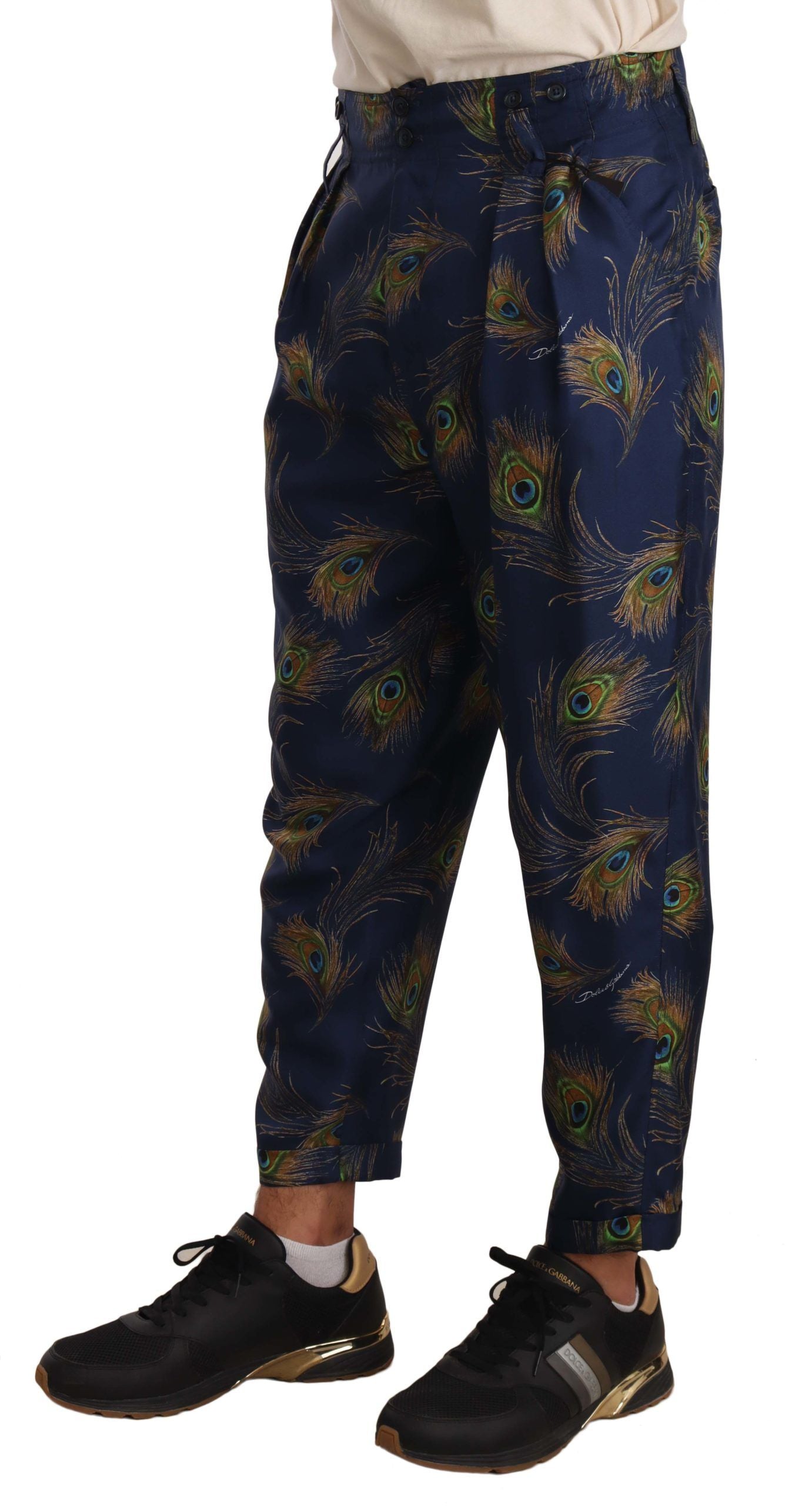 Dolce &amp; Gabbana Exquisite silk trousers with a peacock pattern