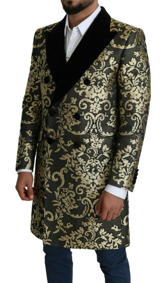 Dolce & Gabbana Gold Schwarzer Sicilia Jacquard-Mantel mit Doppelreihern