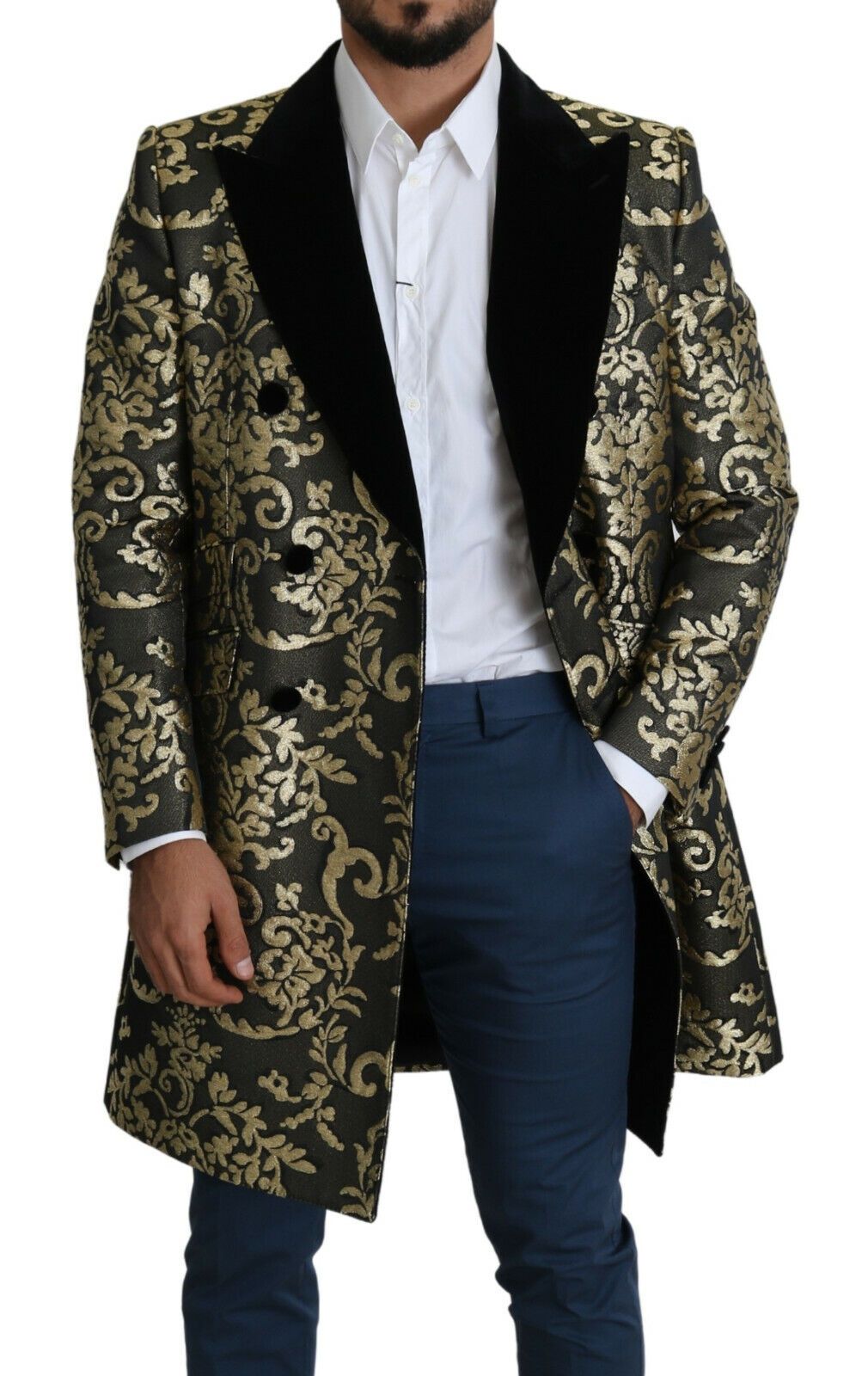 Dolce & Gabbana Gold Schwarzer Sicilia Jacquard-Mantel mit Doppelreihern