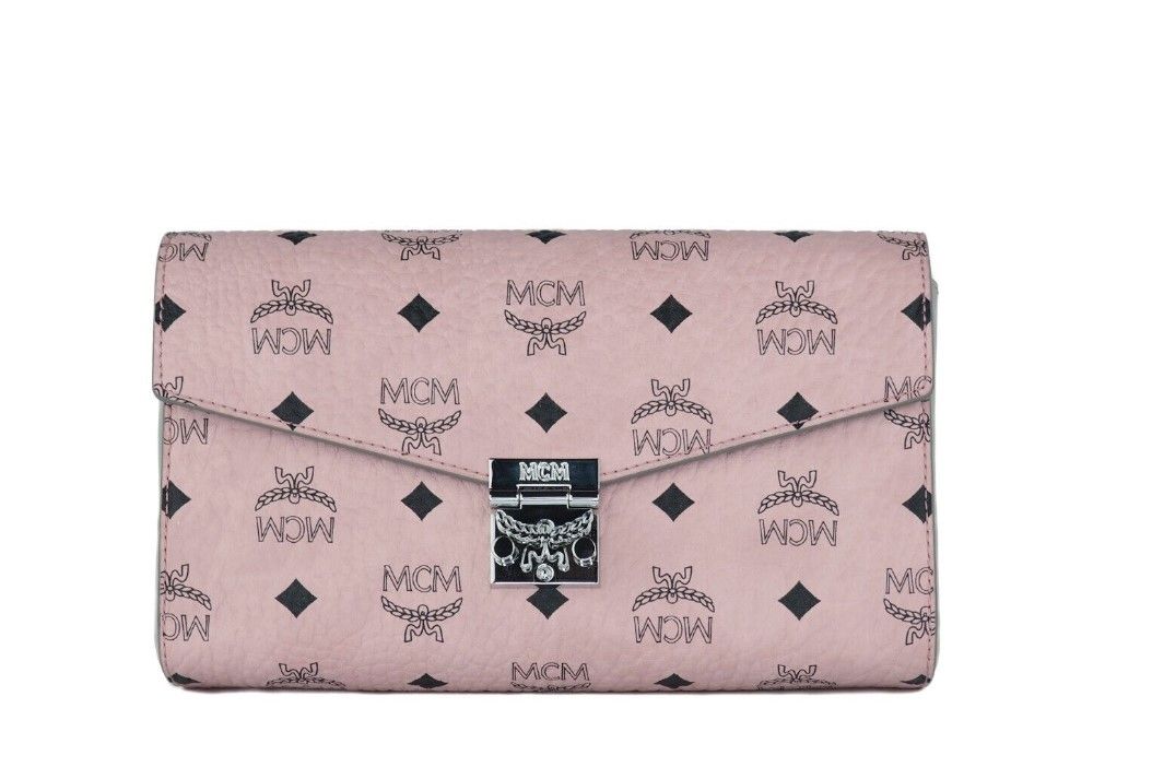 MCM Orta Yumuşak Pembe İmza Elmas Logolu Deri Debriyaj Crossbody Çanta