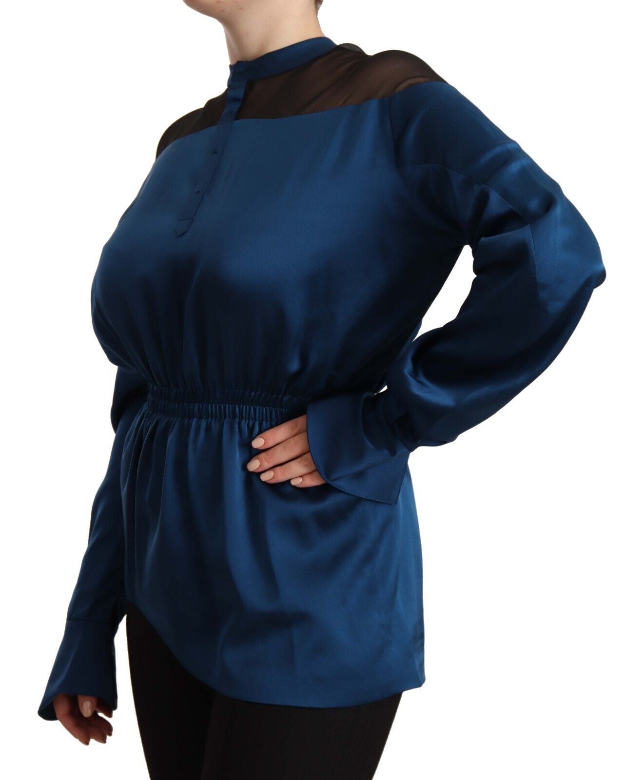 Masha Ma Elegant silk blouse with a round neckline in blue