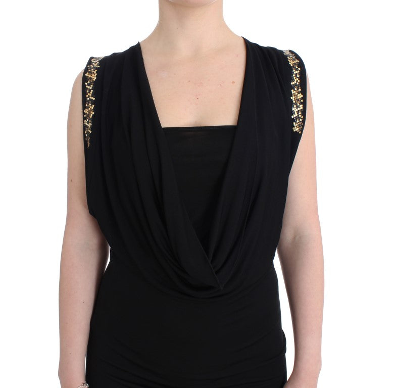 Roccobarocco Elegant sleeveless black mini dress with gold details