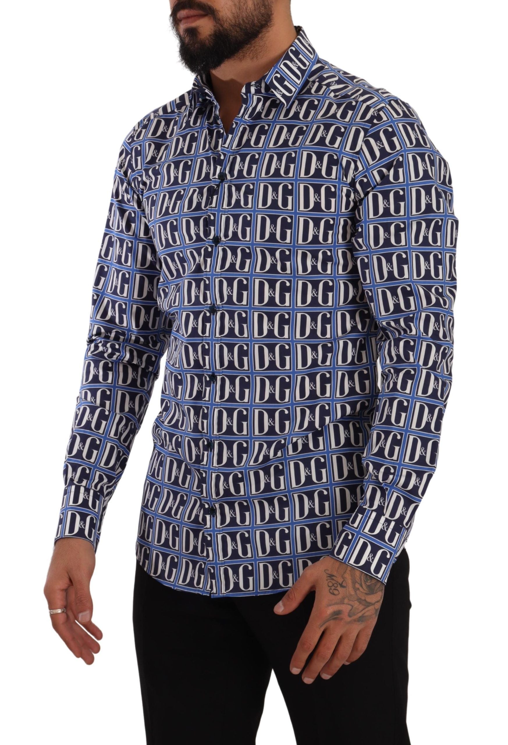 Dolce &amp; Gabbana Slim Fit Blue Logo Cotton Shirt