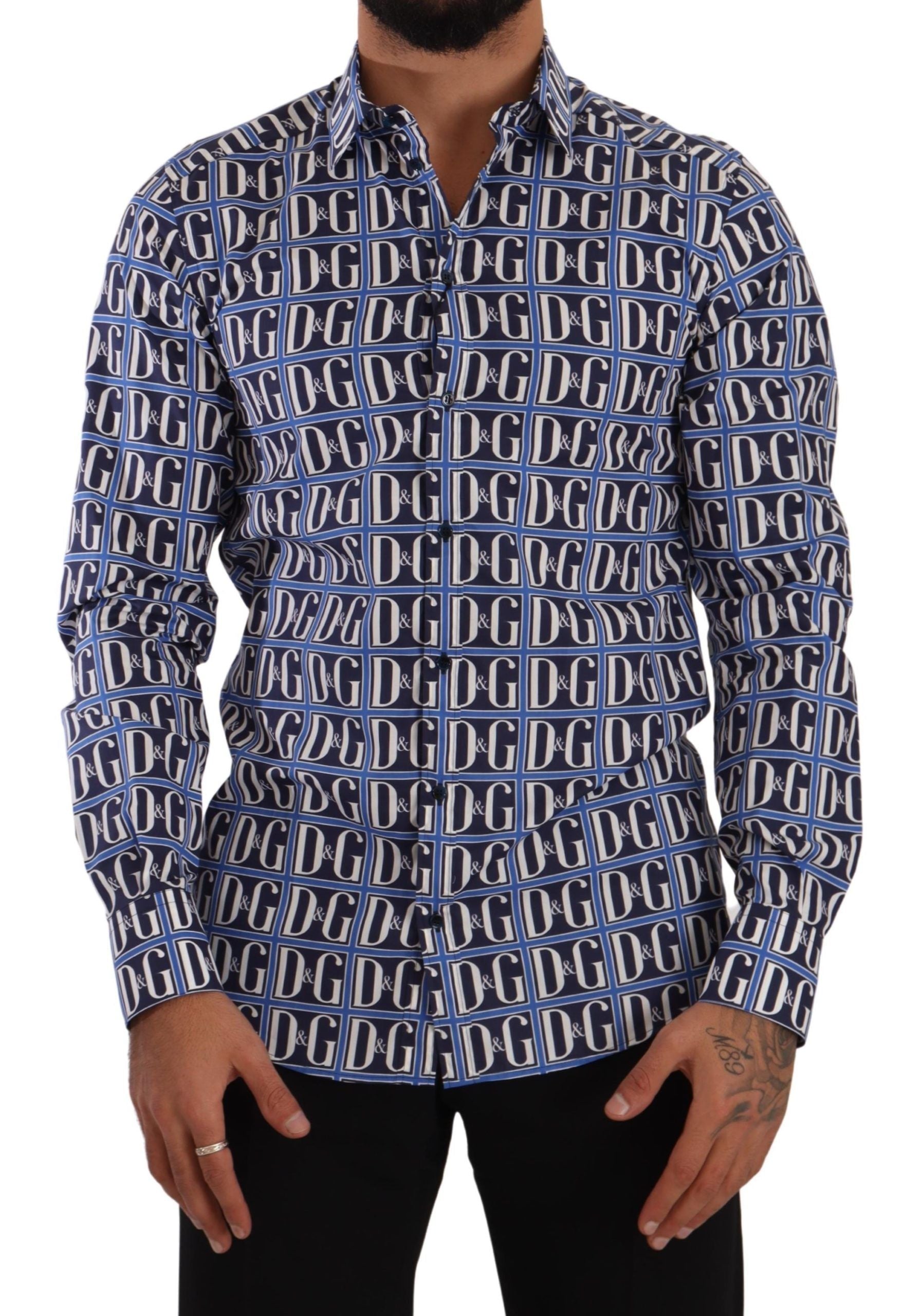 Dolce &amp; Gabbana Slim Fit Blue Logo Cotton Shirt