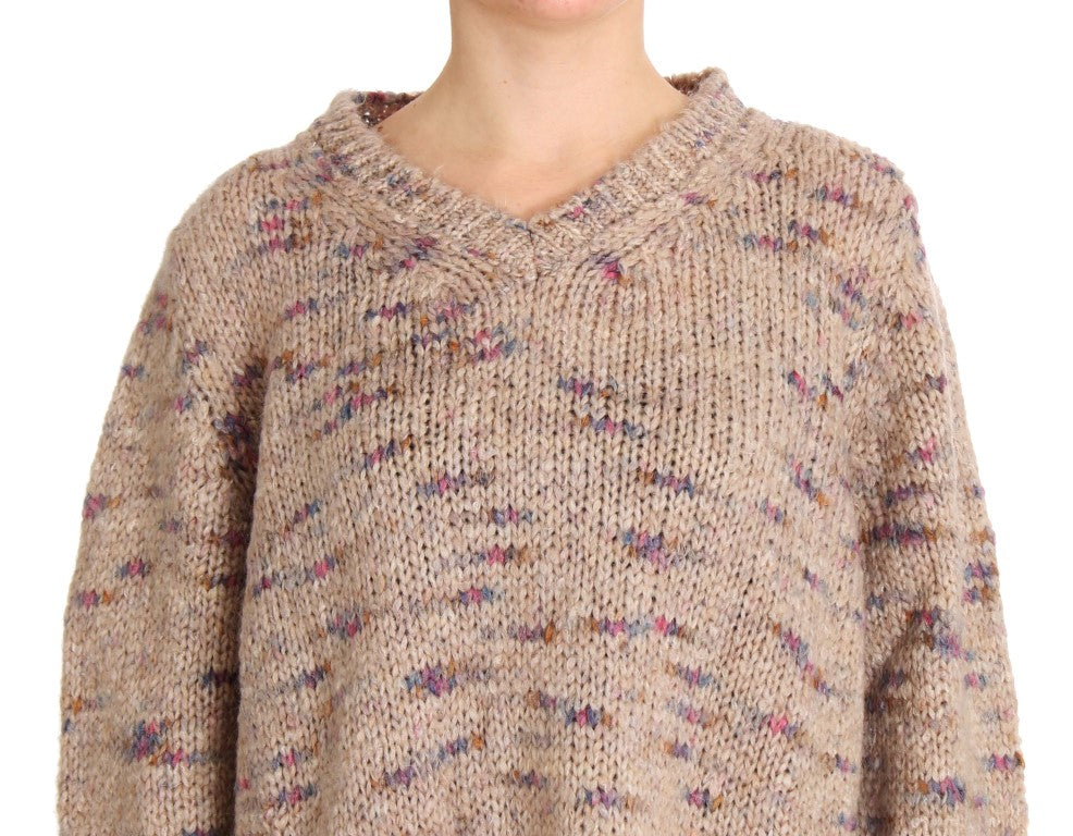 PINK MEMORIES Beige Strickpullover mit V-Ausschnitt in Übergröße