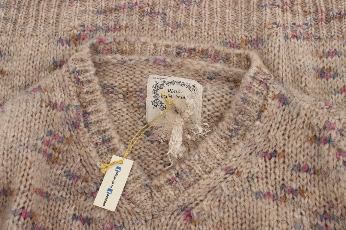 PINK MEMORIES Beige Strickpullover mit V-Ausschnitt in Übergröße