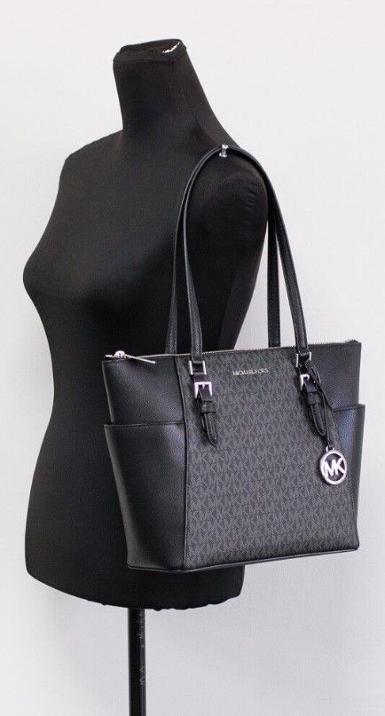 Michael Kors Charlotte Schwarz PVC Leder Großes Top Zip Tote Handtasche Geldbörse