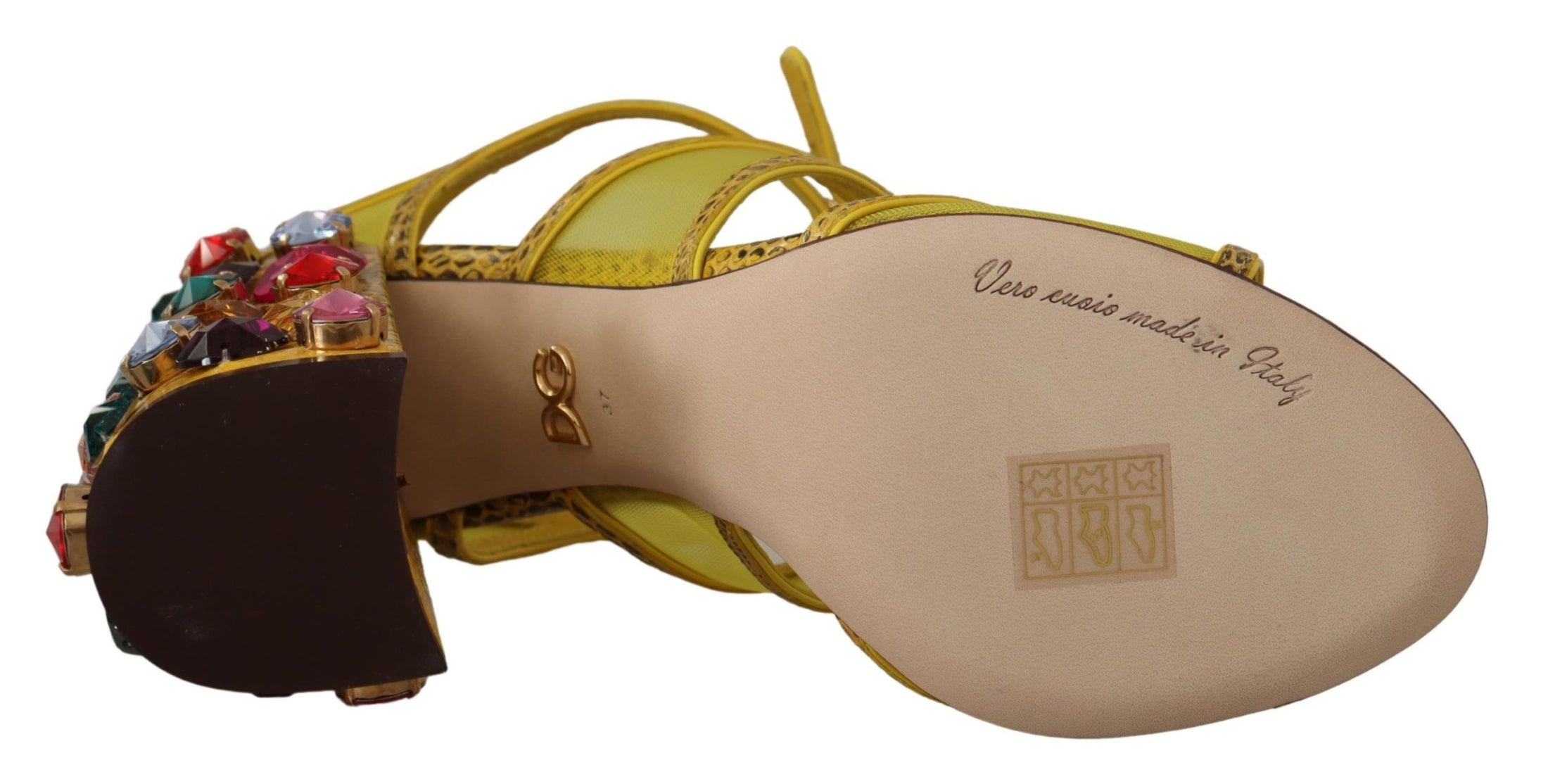 Dolce & Gabbana Atemberaubende Sandalen aus gelbem Leder mit Kristallverzierungen