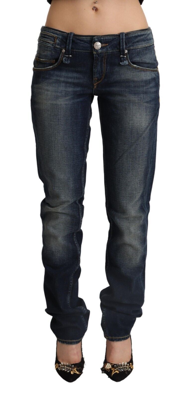 Acht Schicke dunkelblaue Skinny Jeans mit niedriger Taille