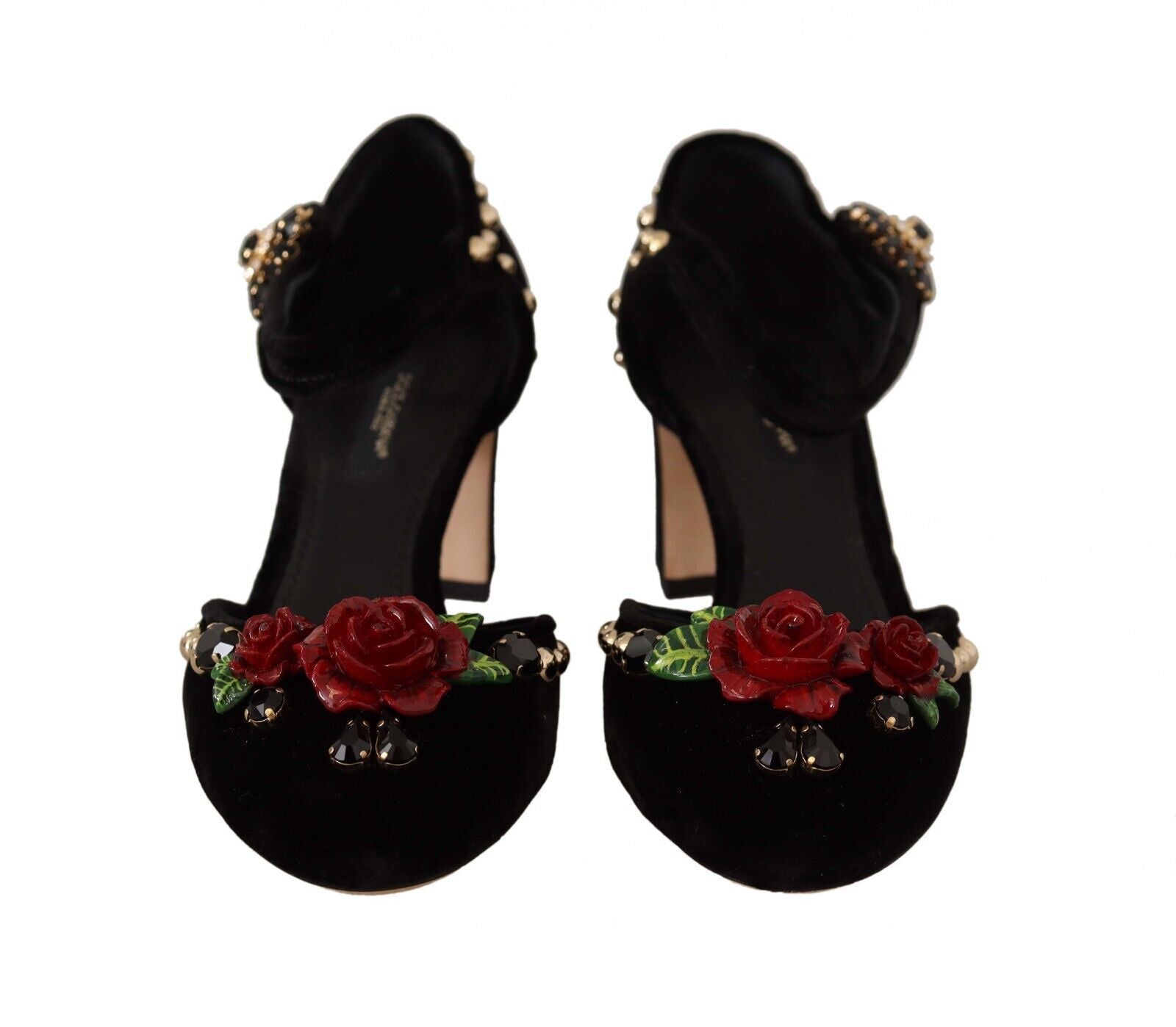 Dolce &amp; Gabbana Black Crystal Rose Heel Sandals