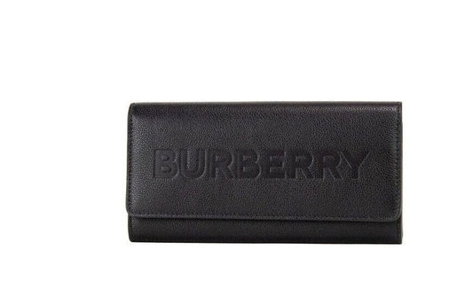 Burberry Porter Black Grained Leather Logo Embossed Clutch Flap Wallet