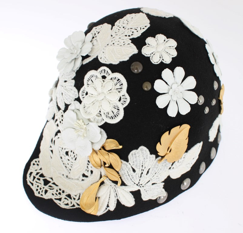 Dolce & Gabbana Eleganter Cloche-Hut aus schwarzer Wolle mit Blumenmuster