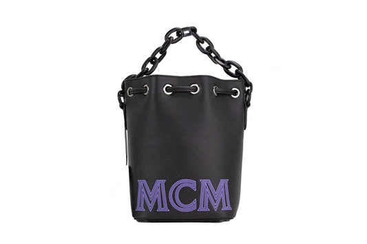 MCM Mini Schwarz Lila Glattleder Kette Schulter Drawstring Bucket Handtasche