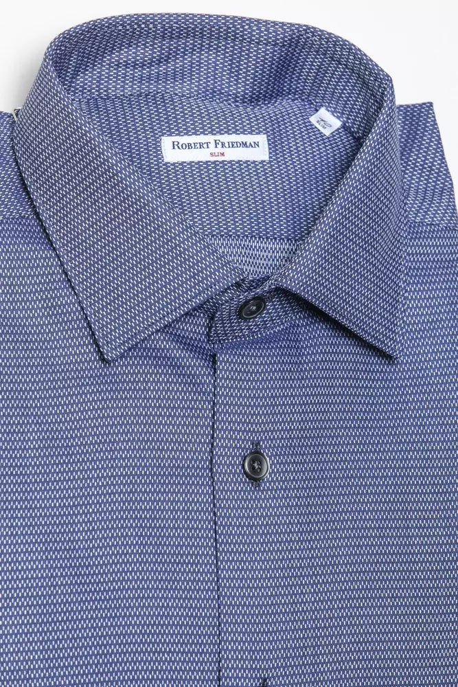 Robert Friedman Elegant blue cotton shirt with a narrow collar