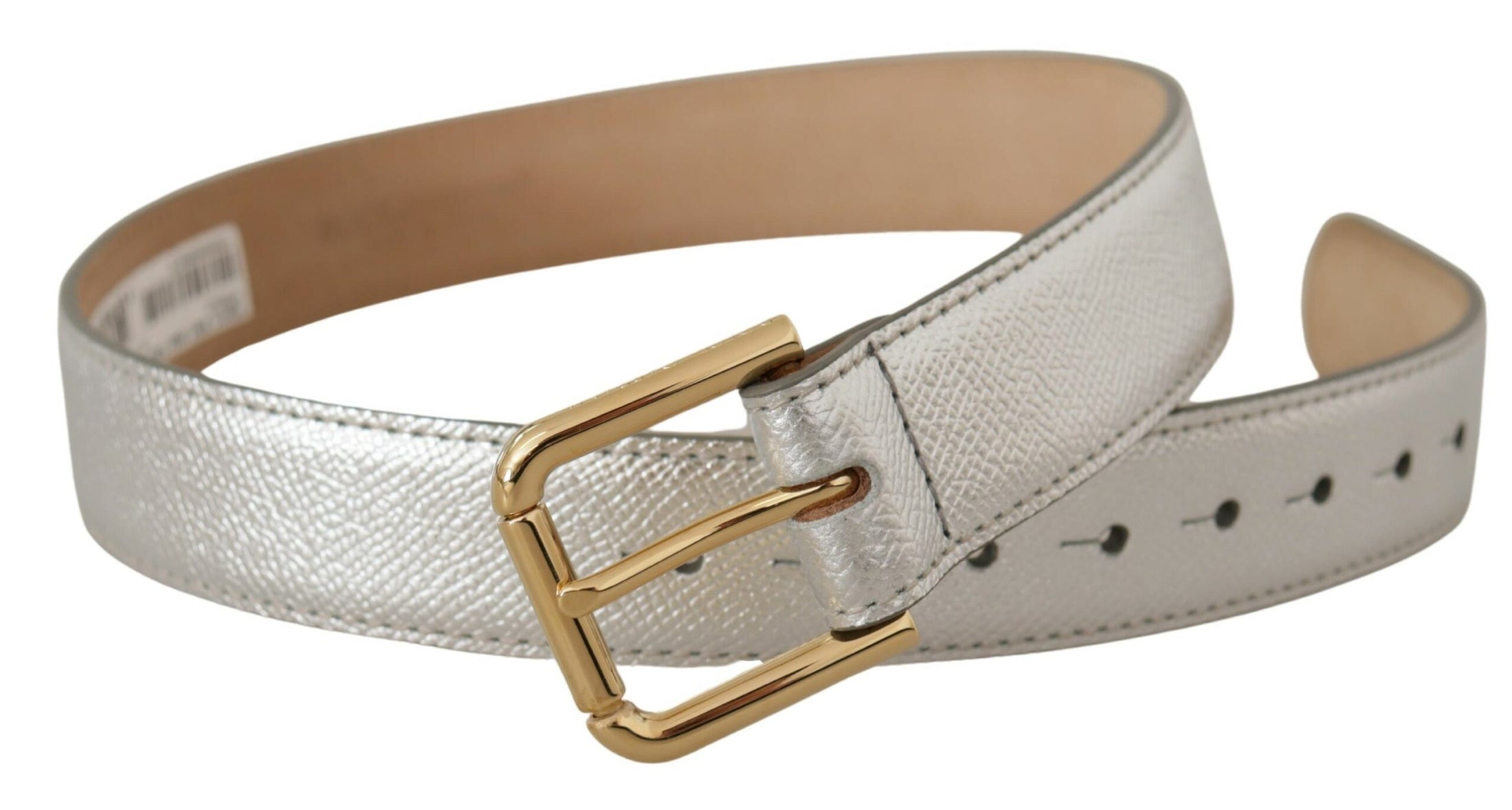 Dolce &amp; Gabbana Elegant silver leather belt with engraved buckle