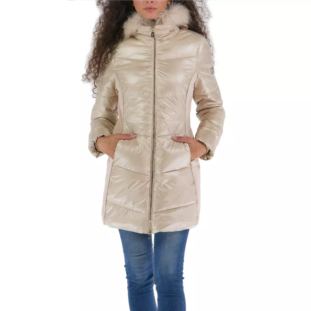 Yes Zee Elegante beige wattierte Jacke mit Fellkapuze