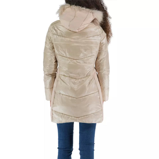 Yes Zee Elegante beige wattierte Jacke mit Fellkapuze