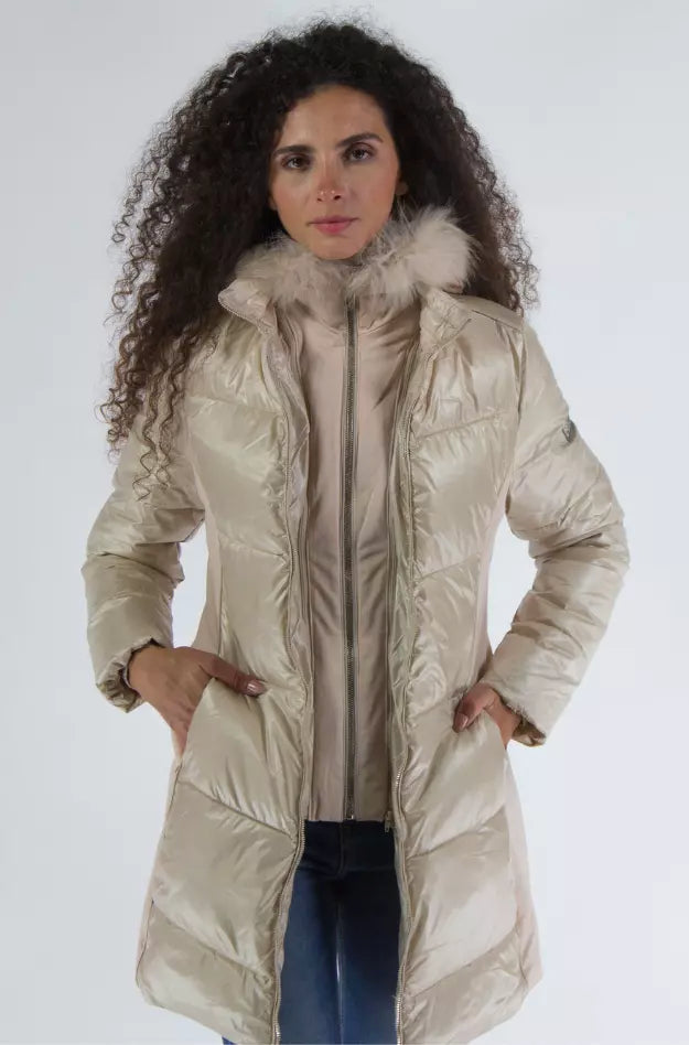 Yes Zee Elegante beige wattierte Jacke mit Fellkapuze