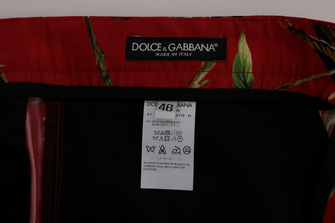 Dolce &amp; Gabbana Kırmızı kuş desenli zarif ipek elbise pantolonu