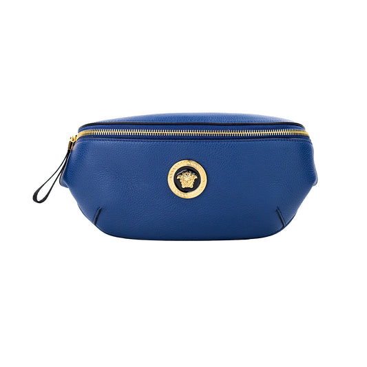 Versace Small belt bag with Medusa pendant in navy blue calfskin