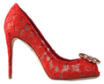 Load image into Gallery viewer, Dolce & Gabbana Chic red lace heels with crystal embellishment
