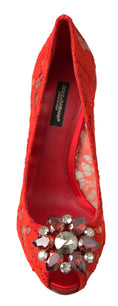 Load image into Gallery viewer, Dolce & Gabbana Chic red lace heels with crystal embellishment
