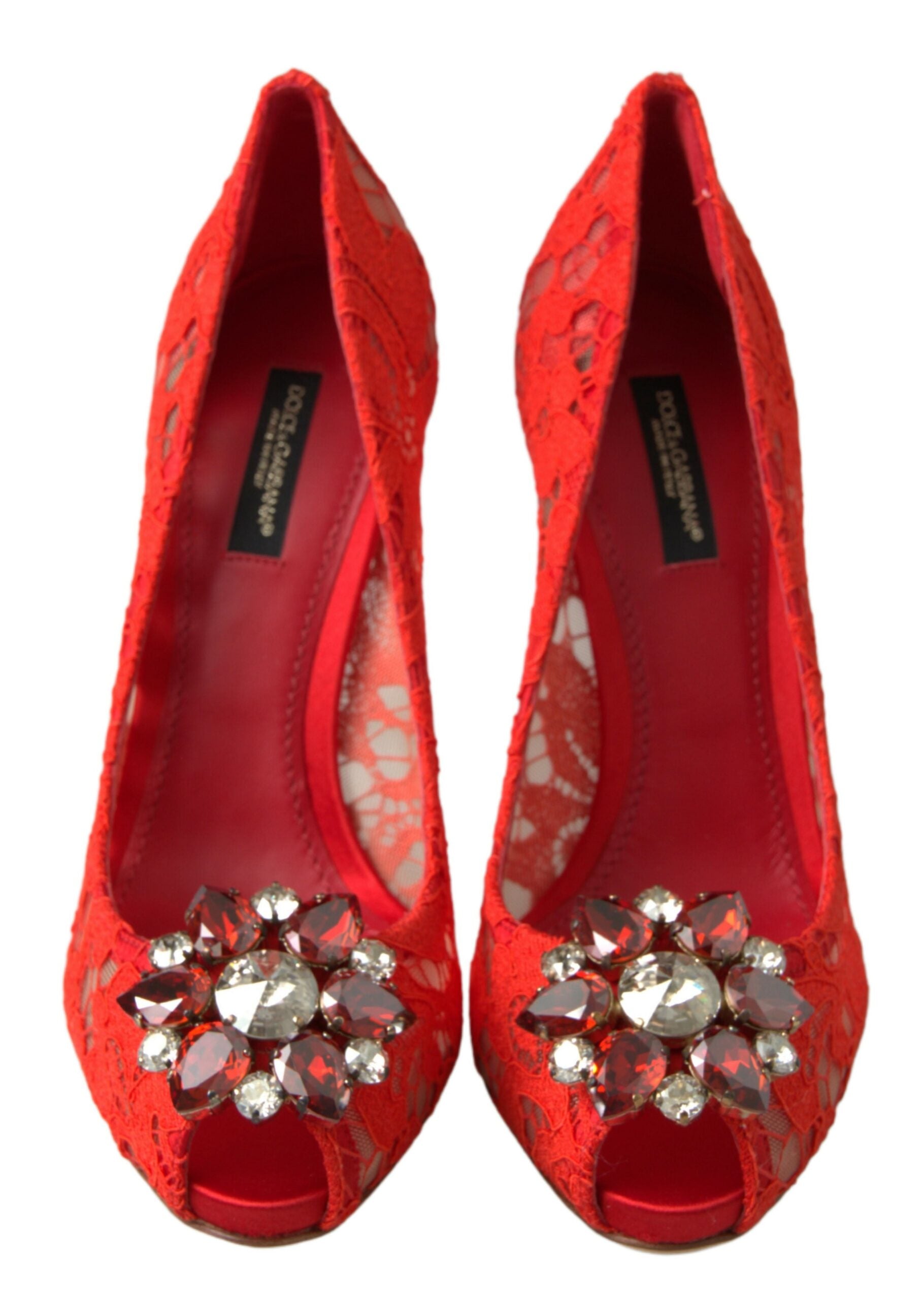 Dolce &amp; Gabbana Chic red lace heels with crystal embellishment