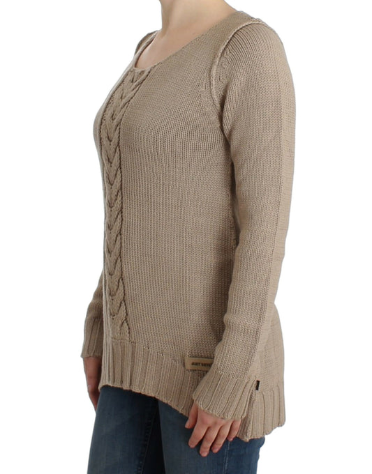 Cavalli Elegant beige knitted sweater with round neck