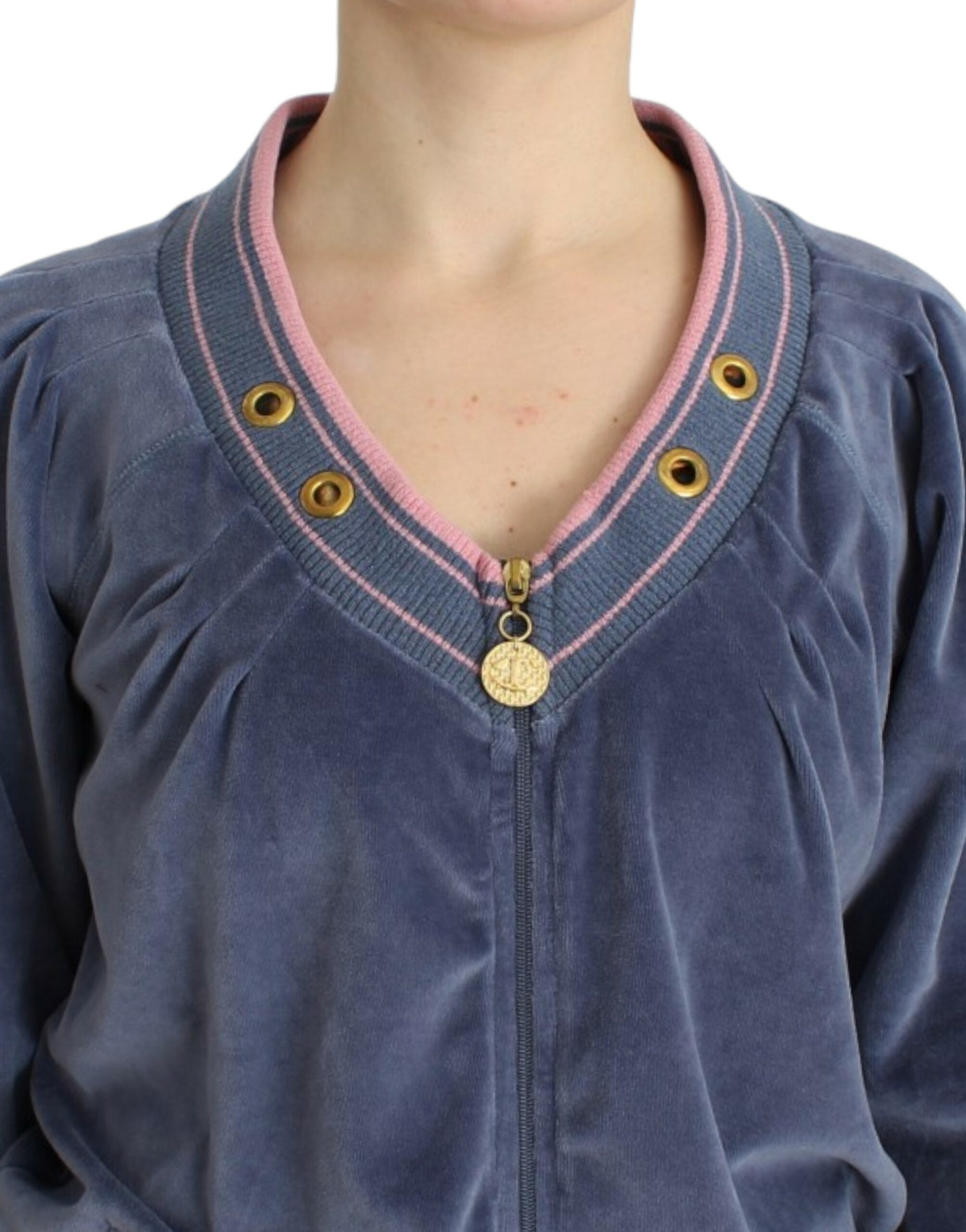 Cavalli Elegant blue cardigan with zip and gold details